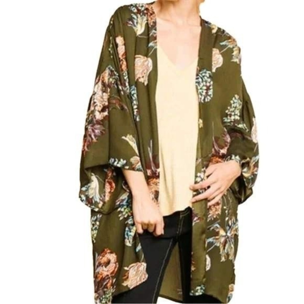 Umgee USA Women's Open Front Kimono Duster Olive Green Multi Floral Size S/M